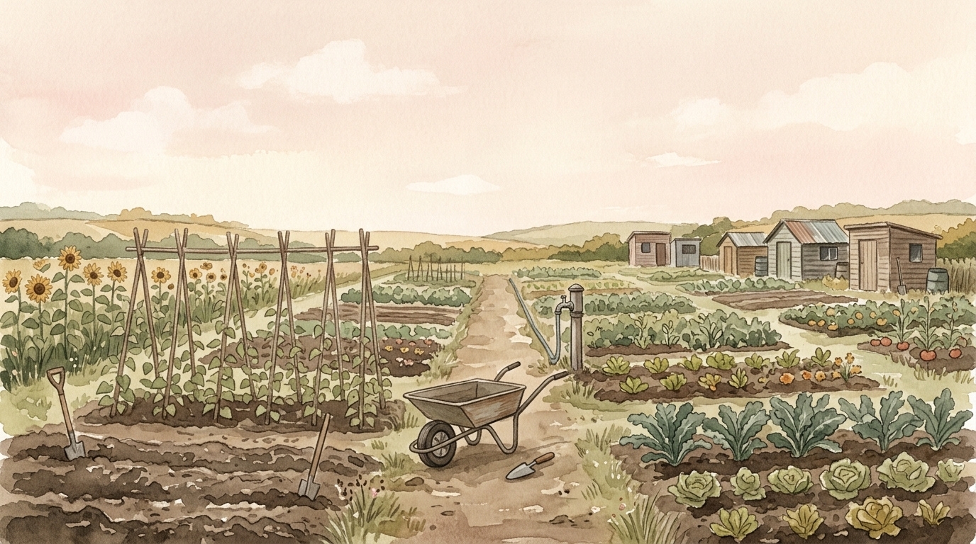 Cultivated allotment beds and a wheelbarrow on a worn earth path in bright September light — a prayer that a returning day may increase our devotion rather than begin it