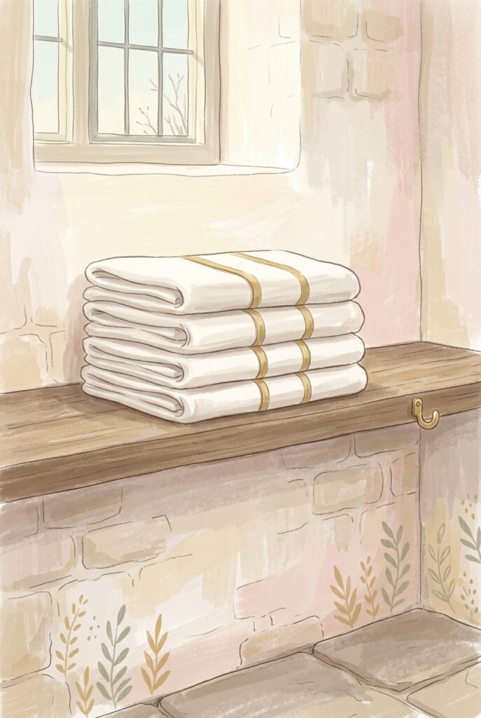 Four identical folded white chasubles stacked on a sacristy shelf in morning light — the same Mass returning, asked to increase our devotion by coming back