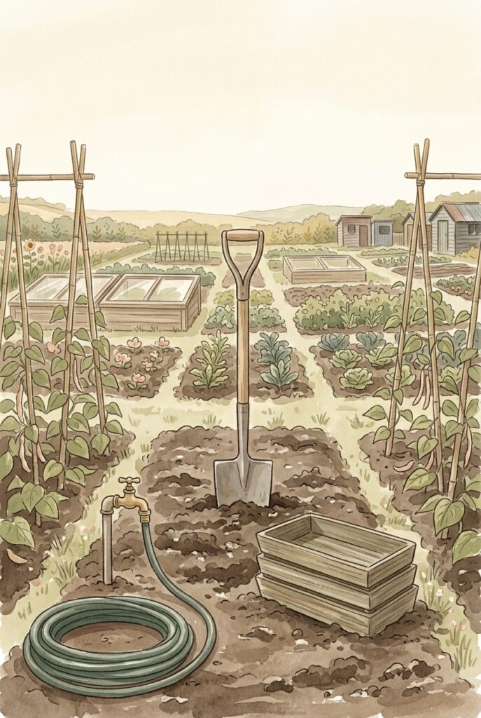 A spade upright in dark soil on one allotment bed with neighbouring plots on every side — four more inches of topsoil, a barrowful at a time, and a prayer to increase our devotion
