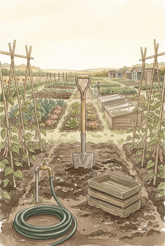 A spade upright in dark soil on one allotment bed with neighbouring plots on every side — four more inches of topsoil, a barrowful at a time, and a prayer to increase our devotion