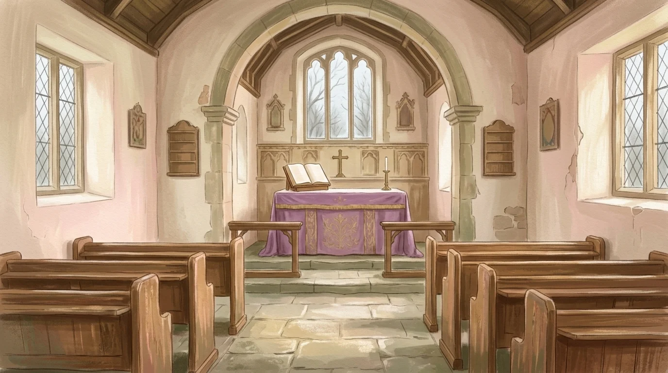 Judge not before the time — an empty panelled hall with rows of plain benches and a closed ledger on a bare table, in flat winter daylight from tall clear windows