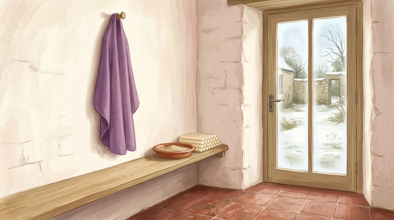 Judge not before the time — a violet chasuble on a wooden peg in a whitewashed vestry with unlit spare candles on a scrubbed shelf, in cold December daylight on quarry tiles