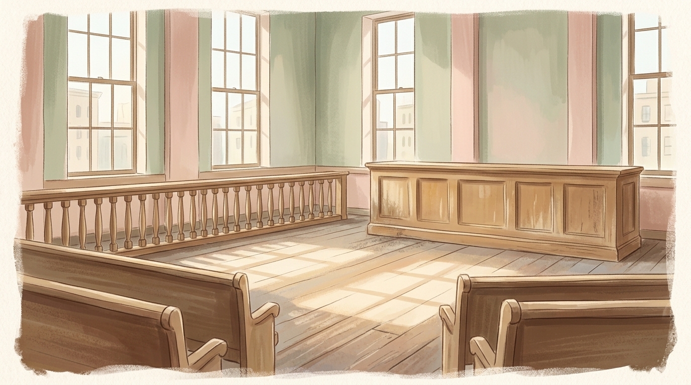 An empty courtroom rail and vacant bench in flat midday light — the judgment of the world, and a Gospel that seats the court in the dock