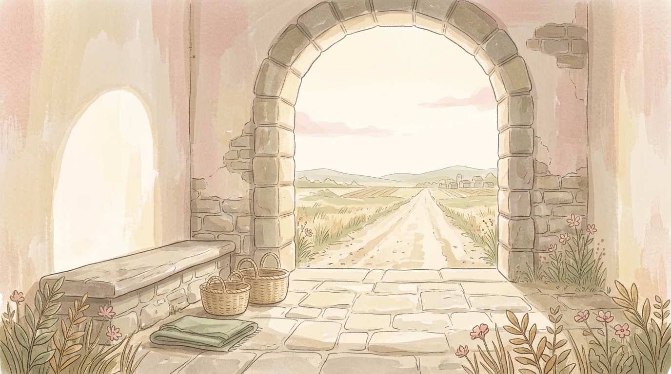 Let her works praise her โ a stone town gateway at mid-morning with a worn bench and two empty baskets