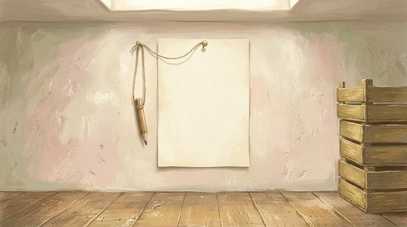 Let your petitions be made known — a paper list pinned to a plaster wall with a pencil on a string beside it, in bright daylight from a skylight above scuffed floorboards