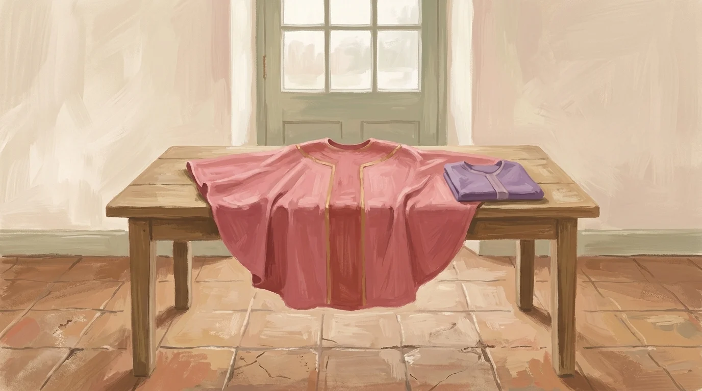 Let your petitions be made known — a rose chasuble laid on a deal table in a bare vestry with a folded violet one beside it, in winter morning daylight on quarry tiles