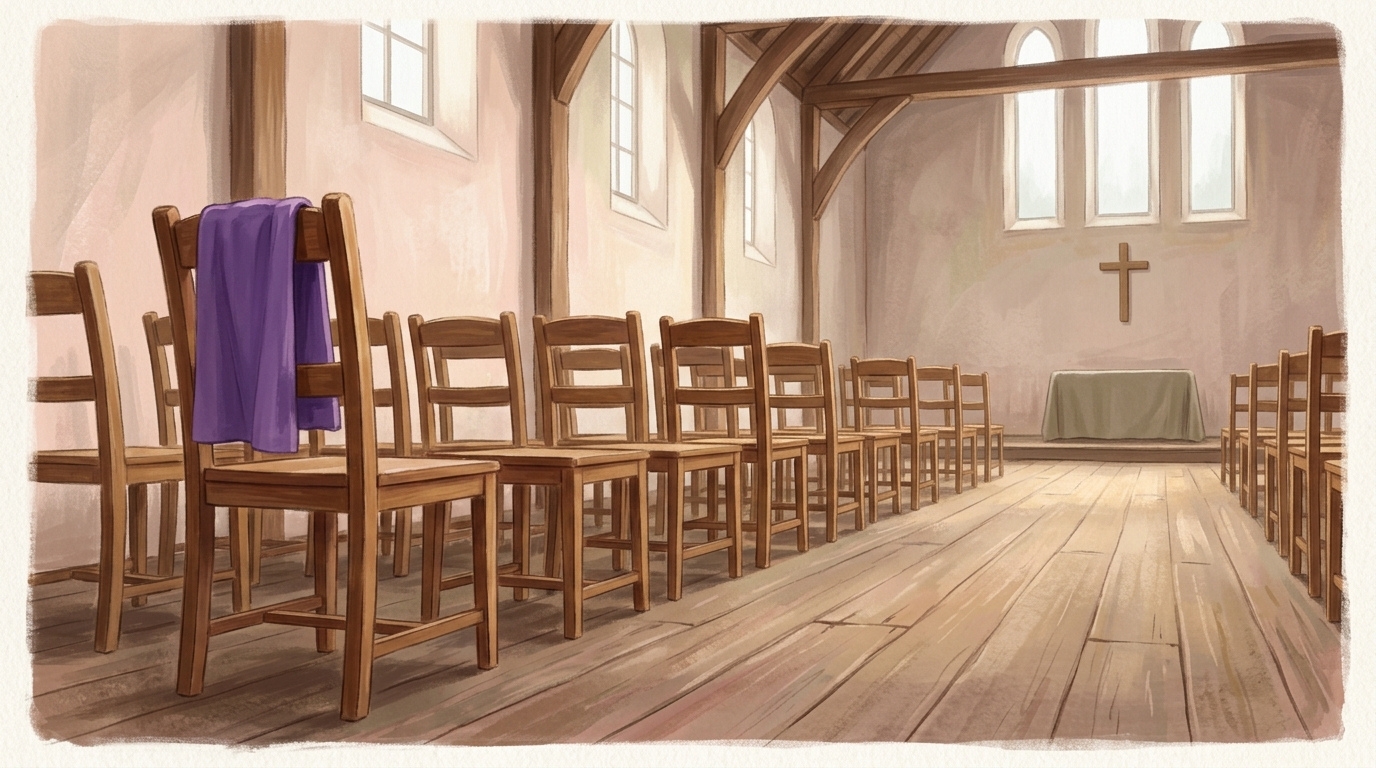Empty wooden chairs in a plain hall at first light, a folded violet cloth over the last chair