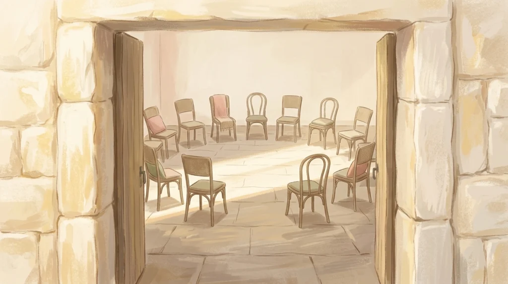 An open stone doorway into a daylit room with chairs set in a wide ring