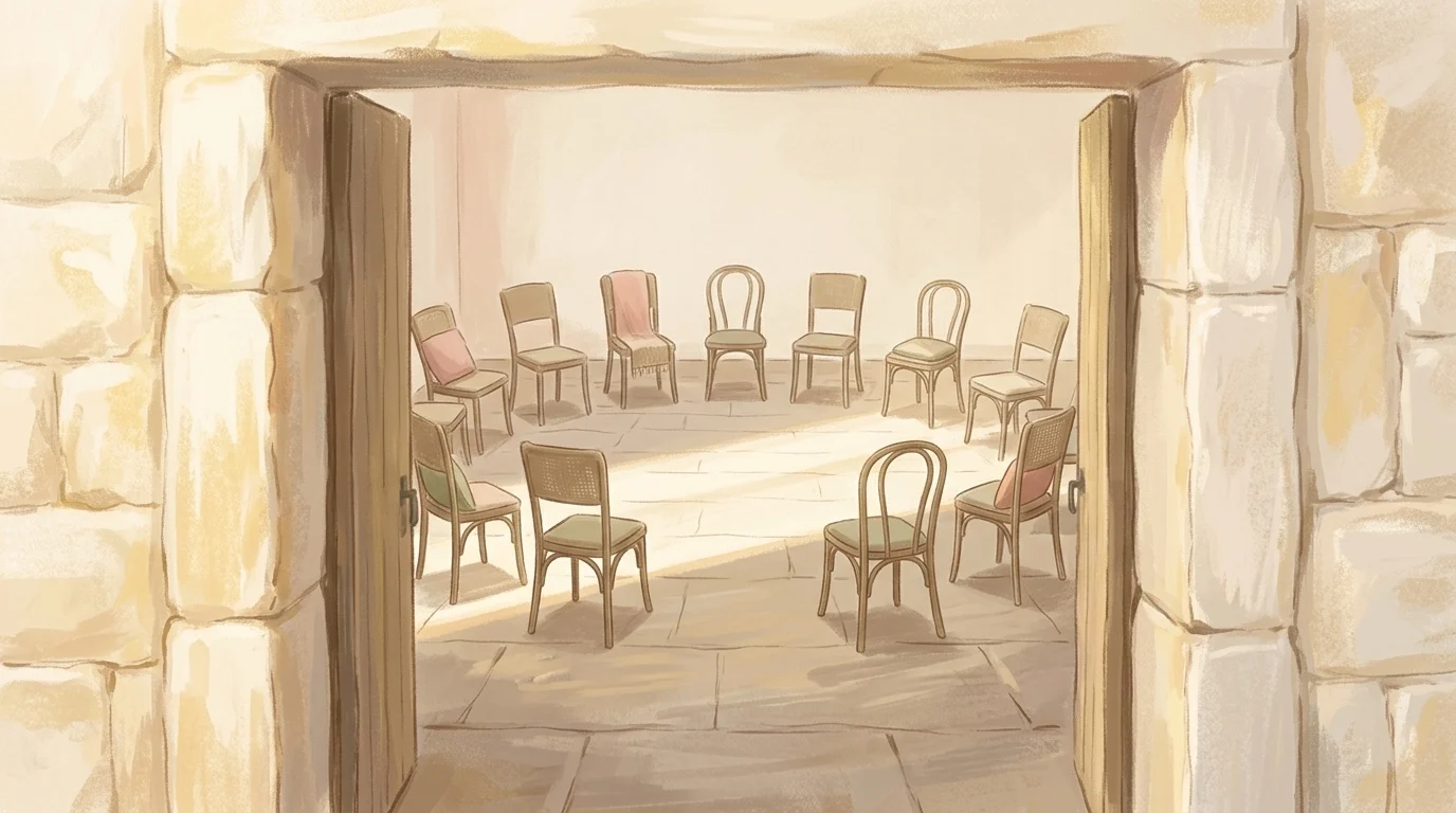 An open stone doorway into a daylit room with chairs set in a wide ring