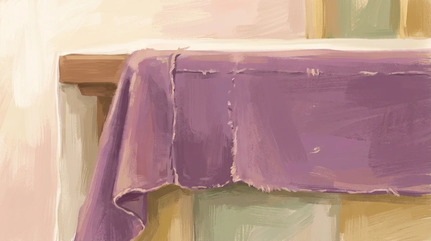 A worn violet altar frontal in flat winter daylight