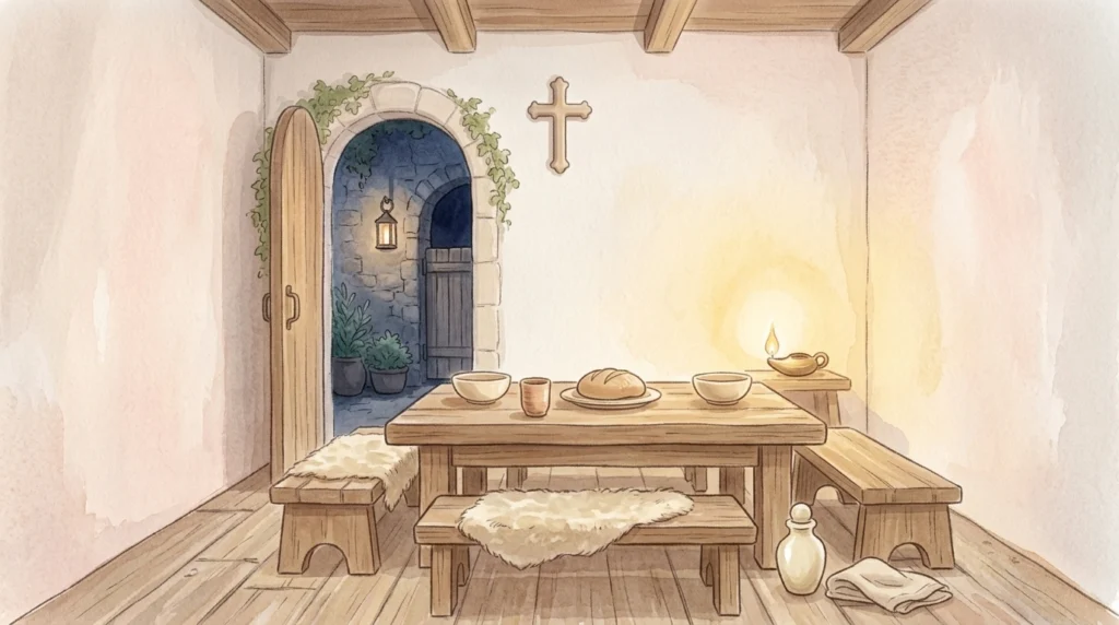 An alabaster jar on the floor beside a supper table in evening lamplight — the woman in the Pharisee's house, and the God of Osee who says I will love them freely