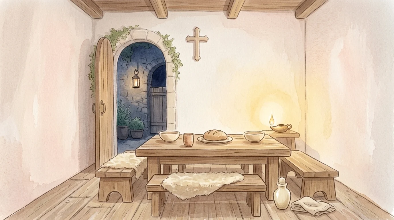 An alabaster jar on the floor beside a supper table in evening lamplight — the woman in the Pharisee's house, and the God of Osee who says I will love them freely