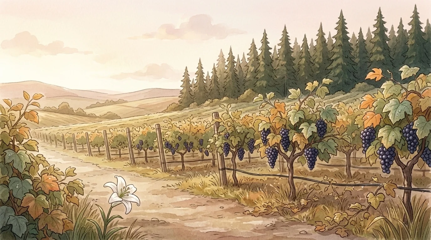 Vines, a lily and green fir trees in early dew — the harvest pictures of Osee 14, where God says I will love them freely