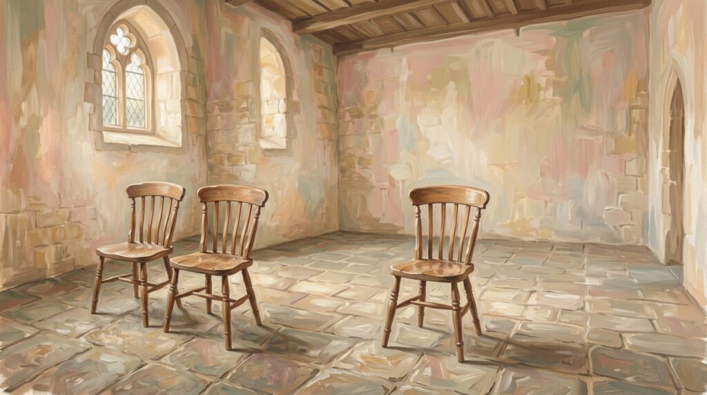 Two plain chairs side by side in an empty room under morning light, for an Epistle that gives the same sentence to those made a gazingstock and to those who sat beside them