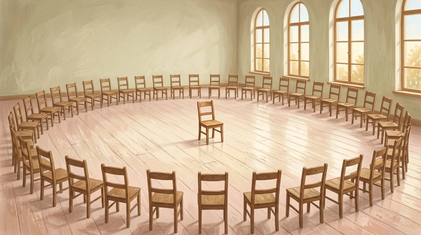 A single small chair at the centre of a ring of empty chairs in a bright parish hall — the ranking question answered by a child, and by their angels in heaven