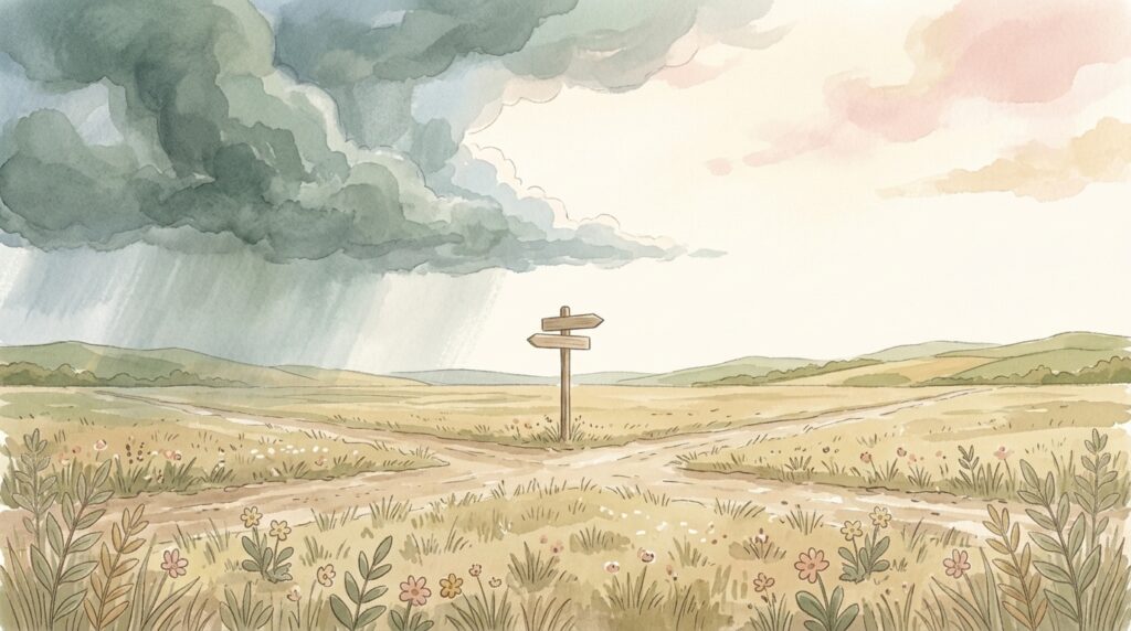 My words shall not pass — a plain wooden signpost at an empty crossroads on a wide plain, half the sky clear and half under an advancing rain front