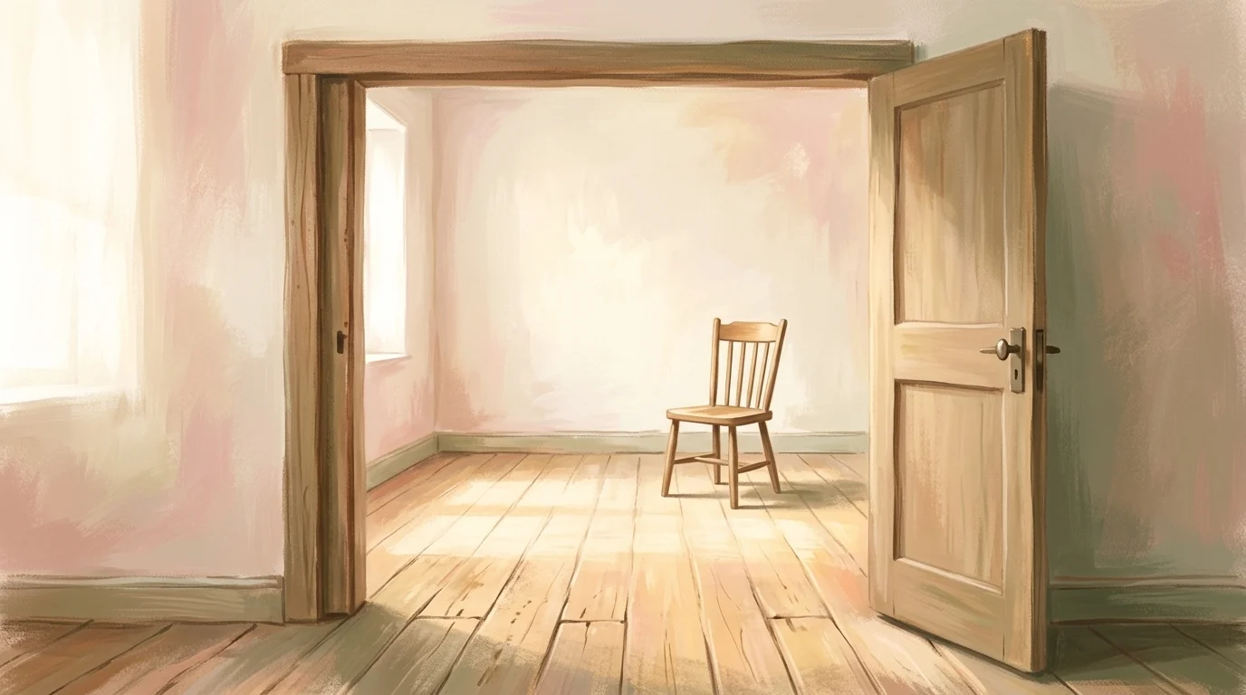 An open wooden door and a single chair in a bright bare room, mid-morning.