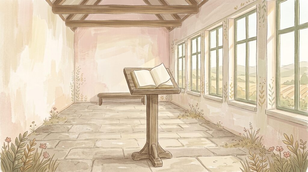 A single open book on a plain lectern in a bare whitewashed chapel at mid-morning, one prayer standing where a whole Mass would be, said by people who put no confidence in our own righteousness
