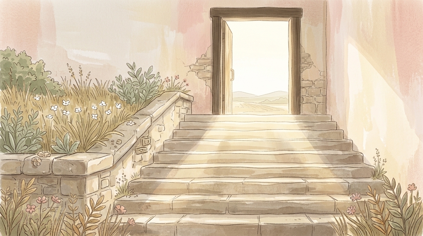 Worn stone steps rising to an open doorway in strong midday light, illustrating the Collect of the Presentation of the Blessed Virgin Mary