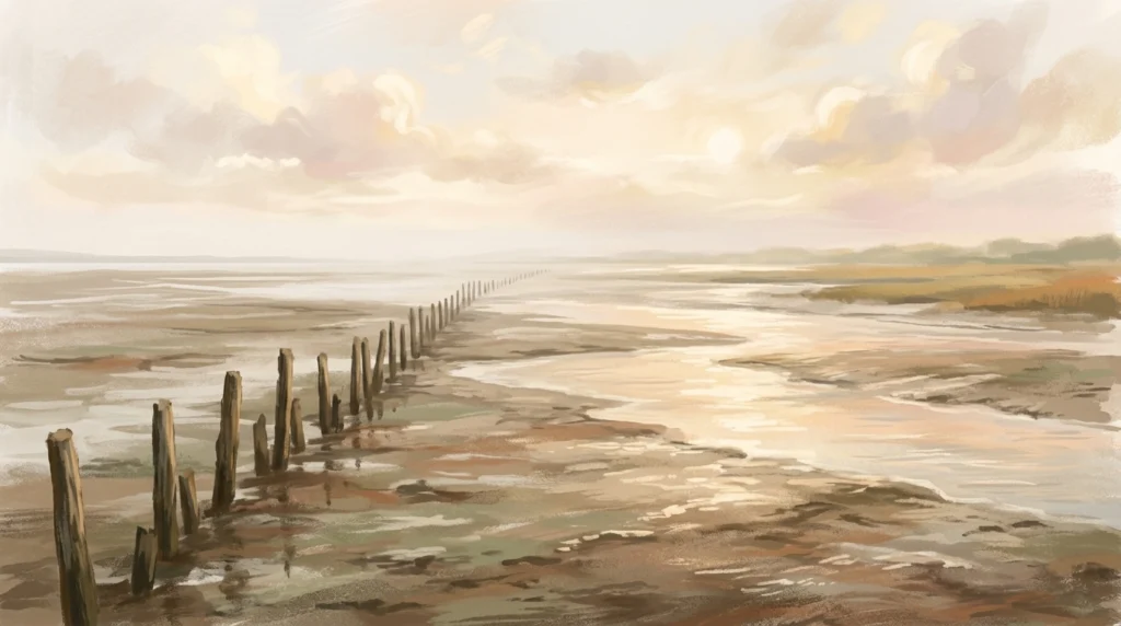 An incoming tide moving in broad sheets across estuary mud on a bright December morning — an Advent prayer that asks God to put forth Your power and asks the room for none of its own