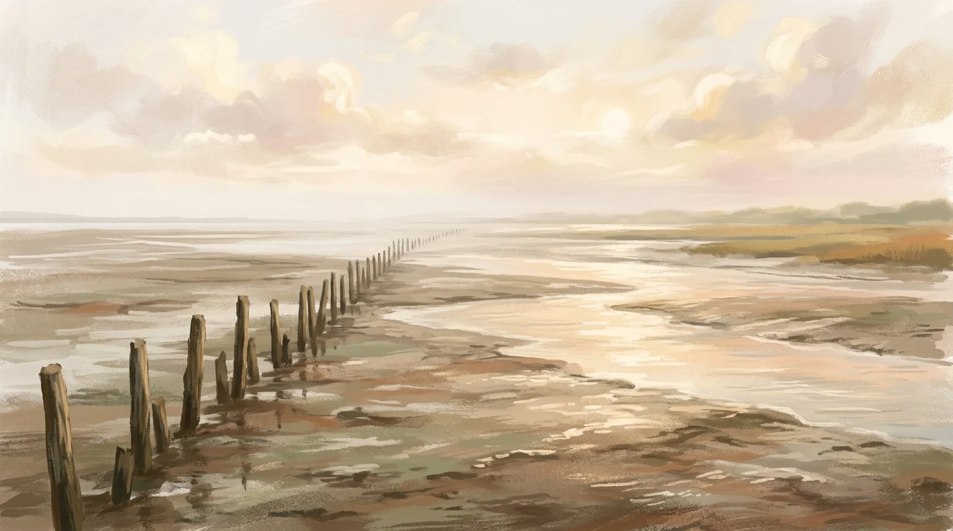 An incoming tide moving in broad sheets across estuary mud on a bright December morning — an Advent prayer that asks God to put forth Your power and asks the room for none of its own
