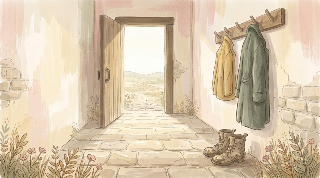 Put on the armour of light — a coat and a folded jacket hanging on wooden pegs in a bare hallway, boots beneath, the front door ajar onto pale morning light