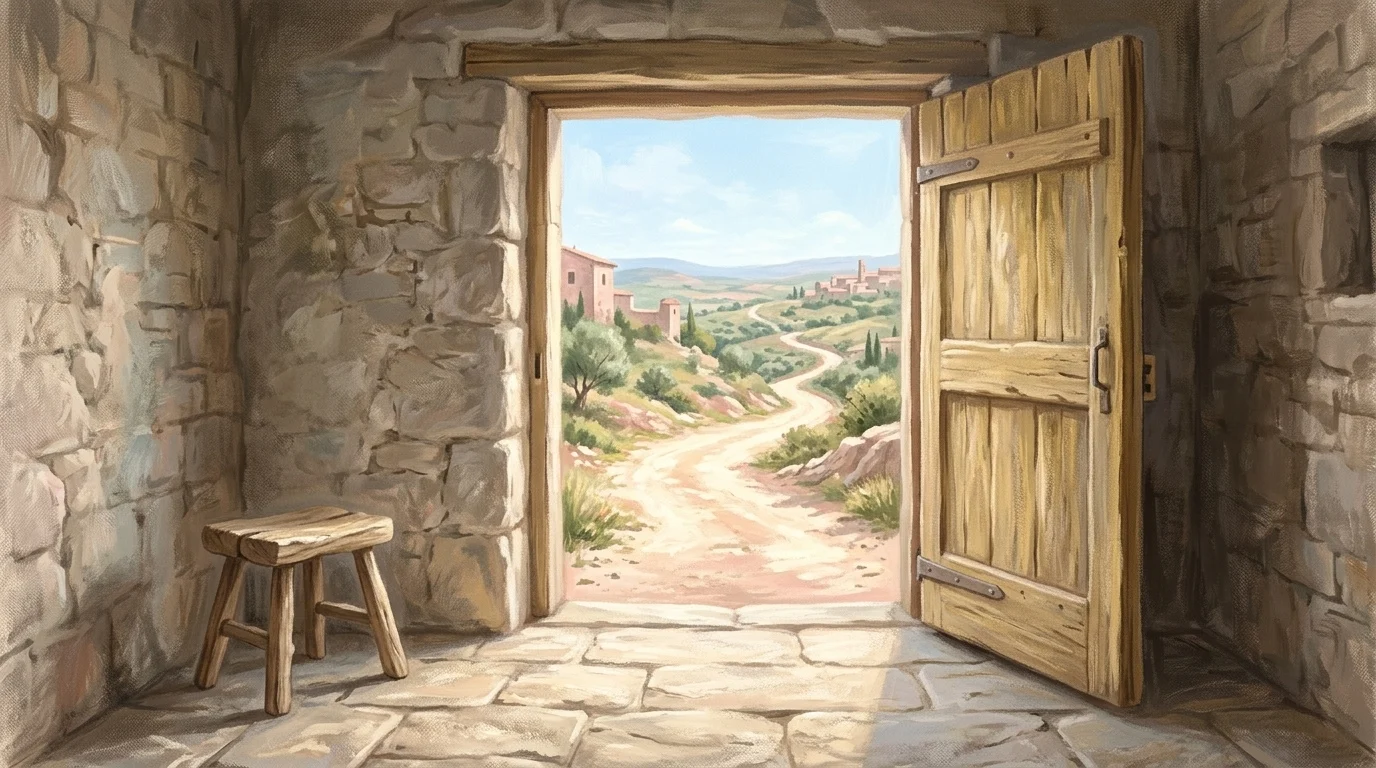 Receive one another — a heavy wooden door standing open from a bare stone room onto a bright dusty road running downhill in flat noon light, a rough stool beside the doorway