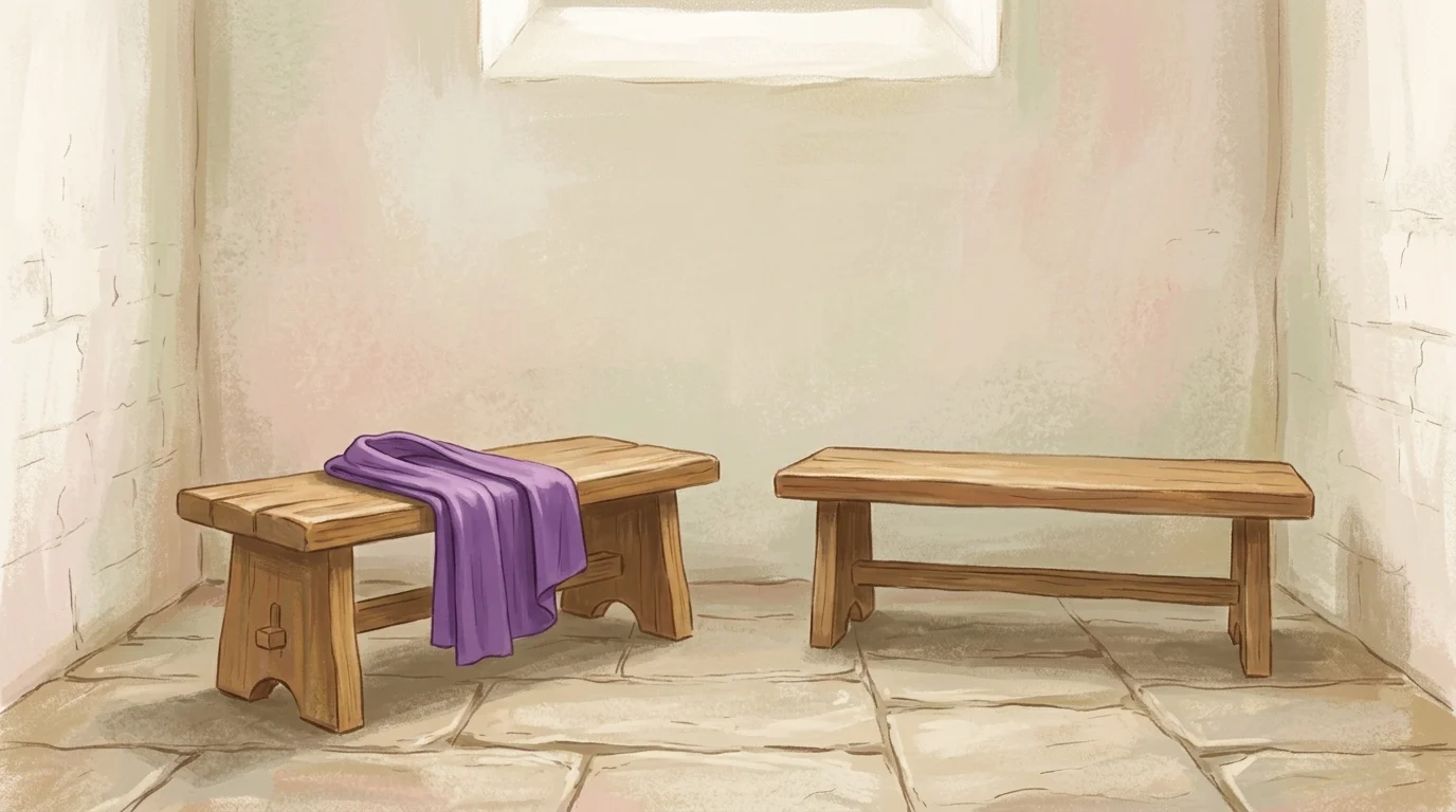 Receive one another — a folded violet stole on a plain wooden bench in an empty whitewashed room, a second bare bench beside it, in flat overcast morning light