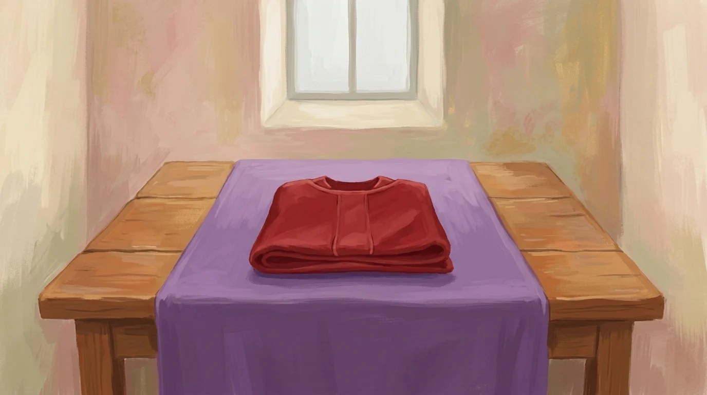 A folded red vestment resting on a violet altar cloth in grey morning light.