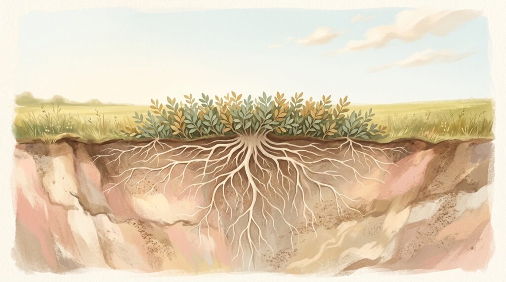 A cutaway bank of earth showing a hedge's pale roots spreading wide and deep beneath the turf in autumn daylight, a picture of being rooted and founded in charity