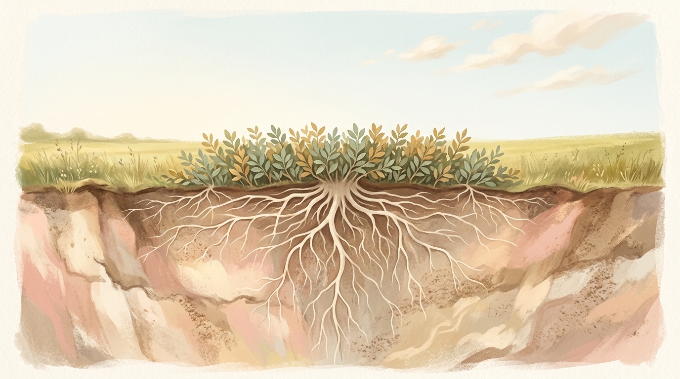 A cutaway bank of earth showing a hedge's pale roots spreading wide and deep beneath the turf in autumn daylight, a picture of being rooted and founded in charity