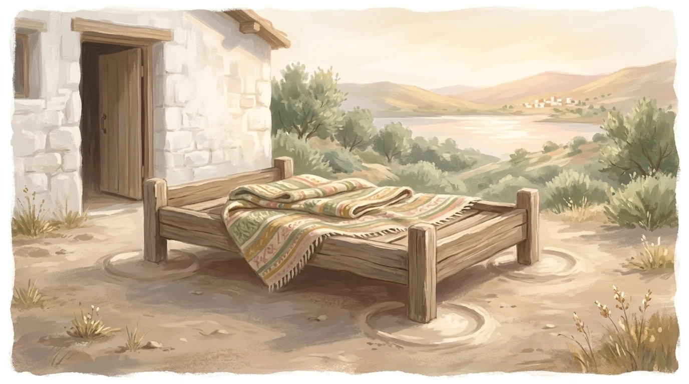 A low wooden bed set down outside an open door in late-morning sun — the man carried to Jesus by others, and Jesus seeing their faith