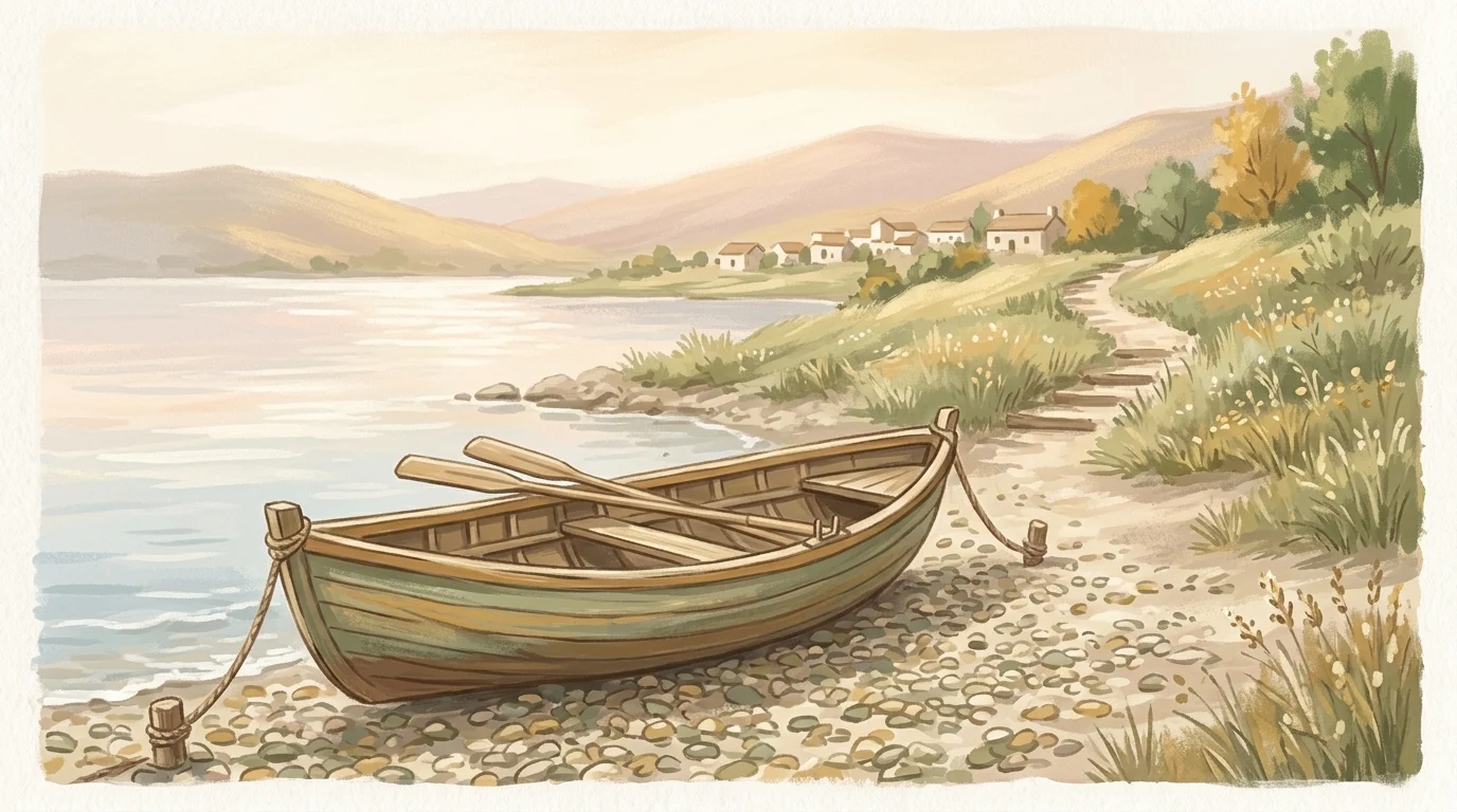 A fishing boat pulled up on a lakeshore below a small town in autumn light — Jesus coming home, where he would end up seeing their faith