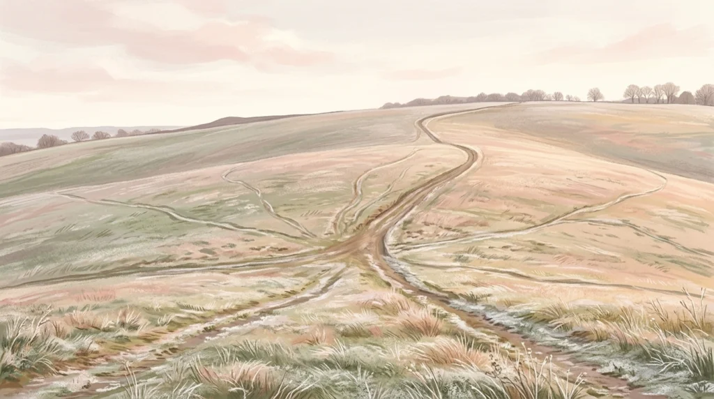 Many footpaths converging into one track climbing a winter hillside, illustrating the Daily Offering of December 17, 2025.