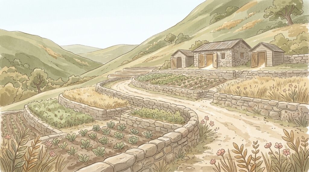 Painterly illustration of terraced hillside fields at midday with a stone farmhouse and open outbuildings