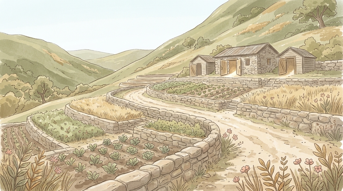 Painterly illustration of terraced hillside fields at midday with a stone farmhouse and open outbuildings