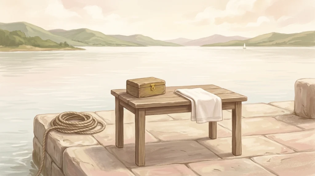 A plain wooden table with a tally box on a sunlit stone lakeside landing, no one at it — the working table of a man sitting in the custom house on the morning he was called