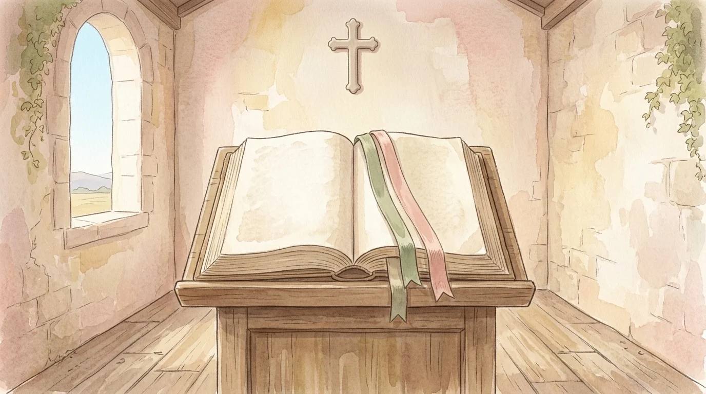 An open missal with two ribbon markers on a lectern in late morning light — Sunday's Mass said again with one commemoration added, and that commemoration calls the rescue of captives so great a work