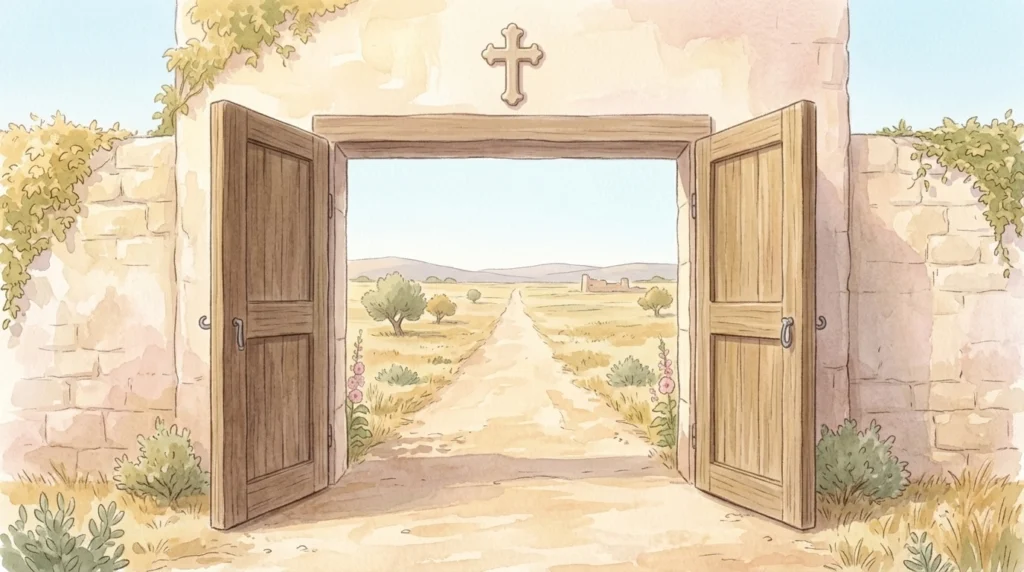 An open gateway in a long stone wall with a road running out through it in midday light — going and getting somebody out, which today's prayer calls so great a work