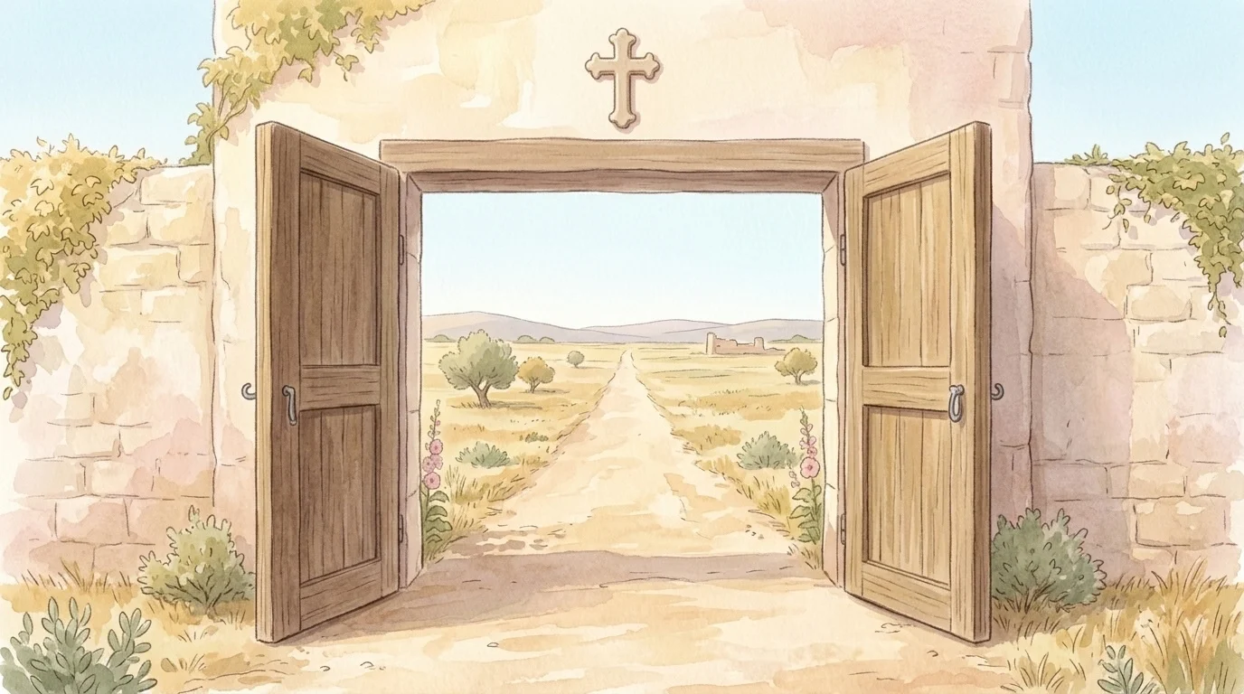 An open gateway in a long stone wall with a road running out through it in midday light — going and getting somebody out, which today's prayer calls so great a work