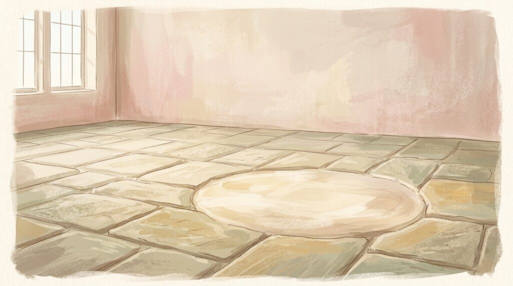 A bare stone floor in morning light with one patch worn smooth from long standing, for a Mass that calls Our Lady sorrowful and tearful and says nothing further