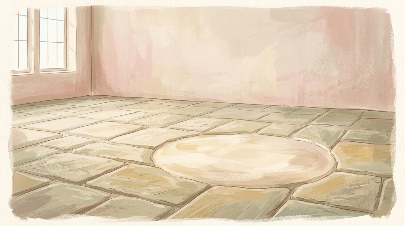 A bare stone floor in morning light with one patch worn smooth from long standing, for a Mass that calls Our Lady sorrowful and tearful and says nothing further
