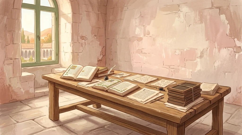 A long worktable of open books and wax tablets in a stone study under strong midday light — the Collect of St. Jerome asking that we practise what he taught by his life and works