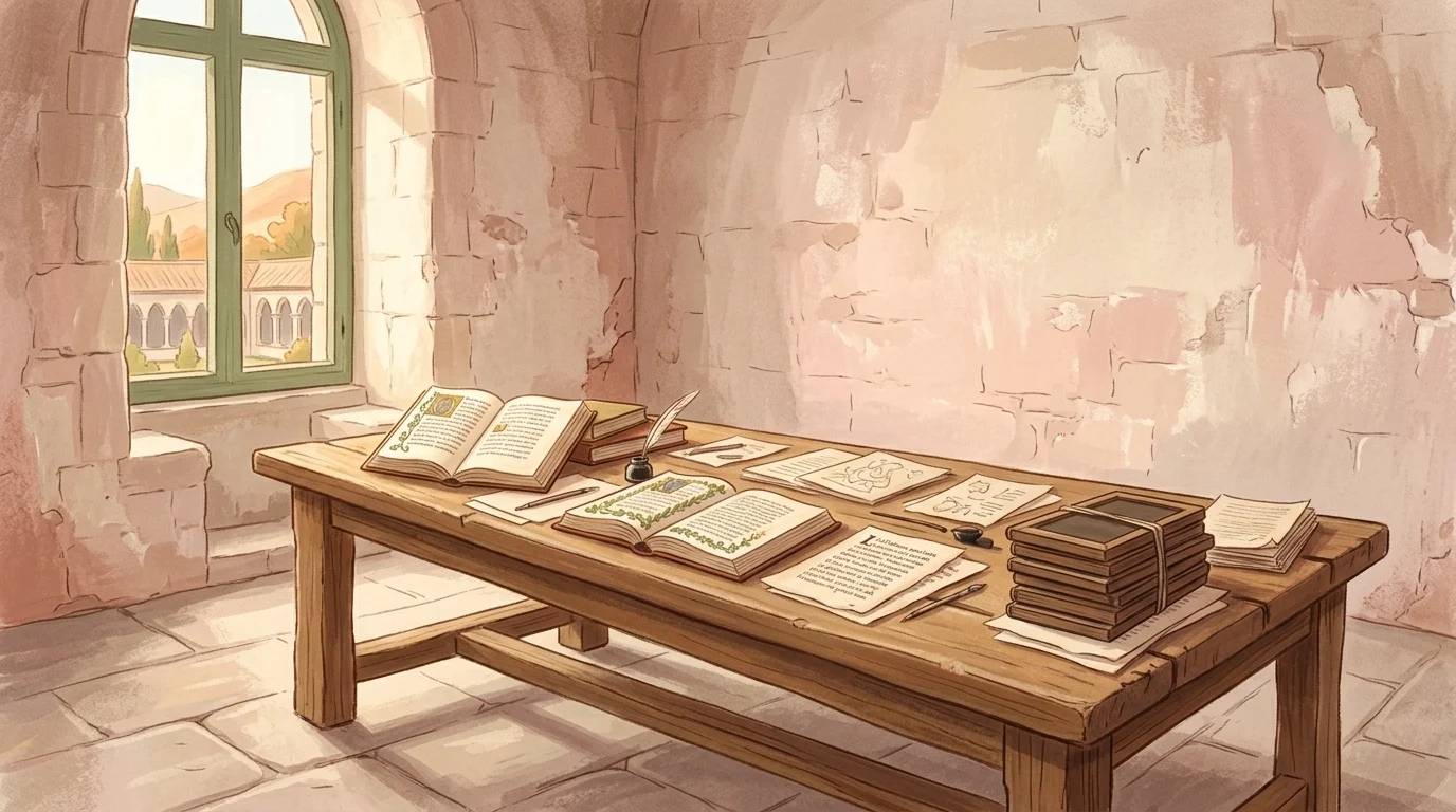 A long worktable of open books and wax tablets in a stone study under strong midday light — the Collect of St. Jerome asking that we practise what he taught by his life and works