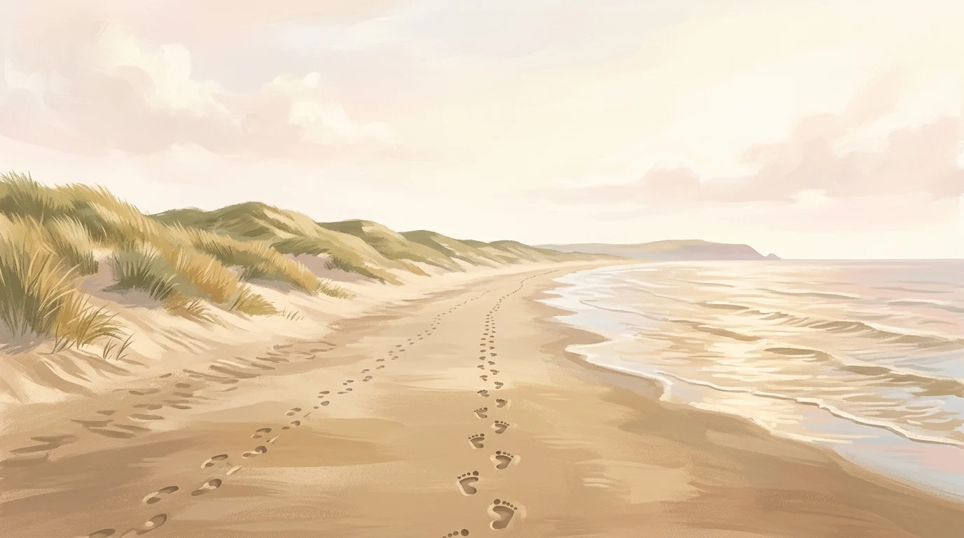 Two lines of footprints along a wet shoreline path at mid-morning, one fainter than the other — the moment Peter turns round to ask about the man behind him and is told follow thou me