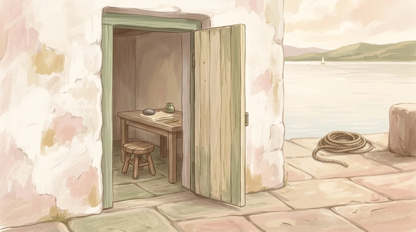 An open doorway with a stool pushed back from a table in morning light — a man sitting in the custom house got up between one sentence and the next