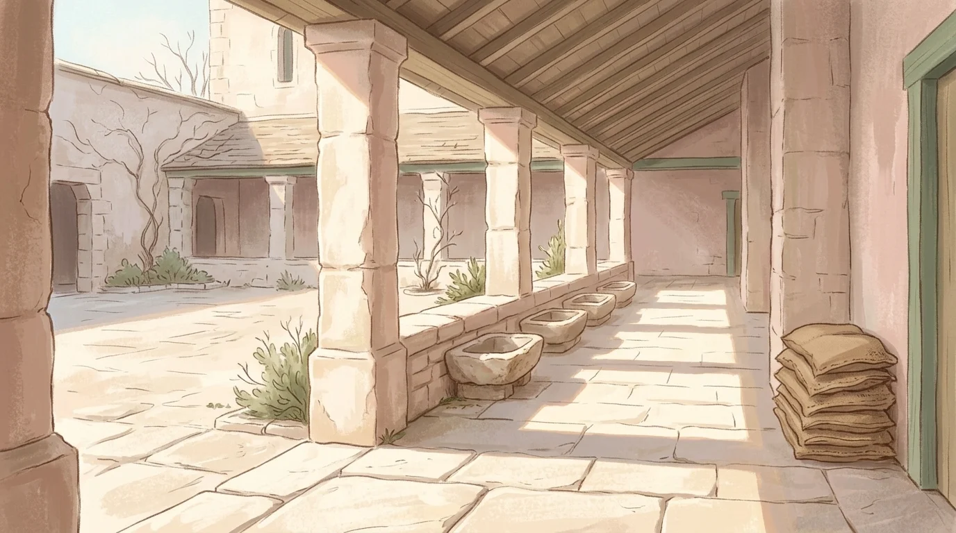 A colonnade of empty stone basins beside a swept courtyard in winter sun — the daily relief work of the deacon who said I see the heavens opened