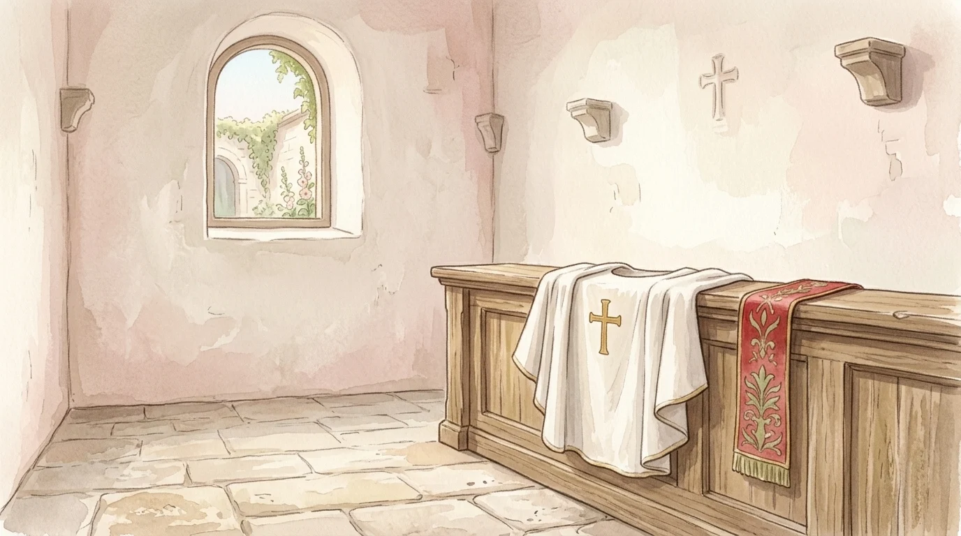 A white chasuble with a red stole beside it in a plain sacristy in September daylight, before a Mass that asks for the riches of Thy mercy on all who pray