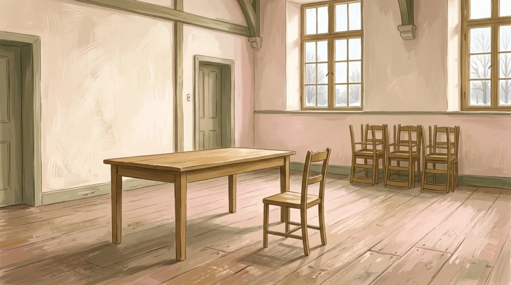 Surpasseth all understanding — four upturned chairs stacked against the wall of an empty parish hall and one chair left standing by a plain table in flat winter daylight