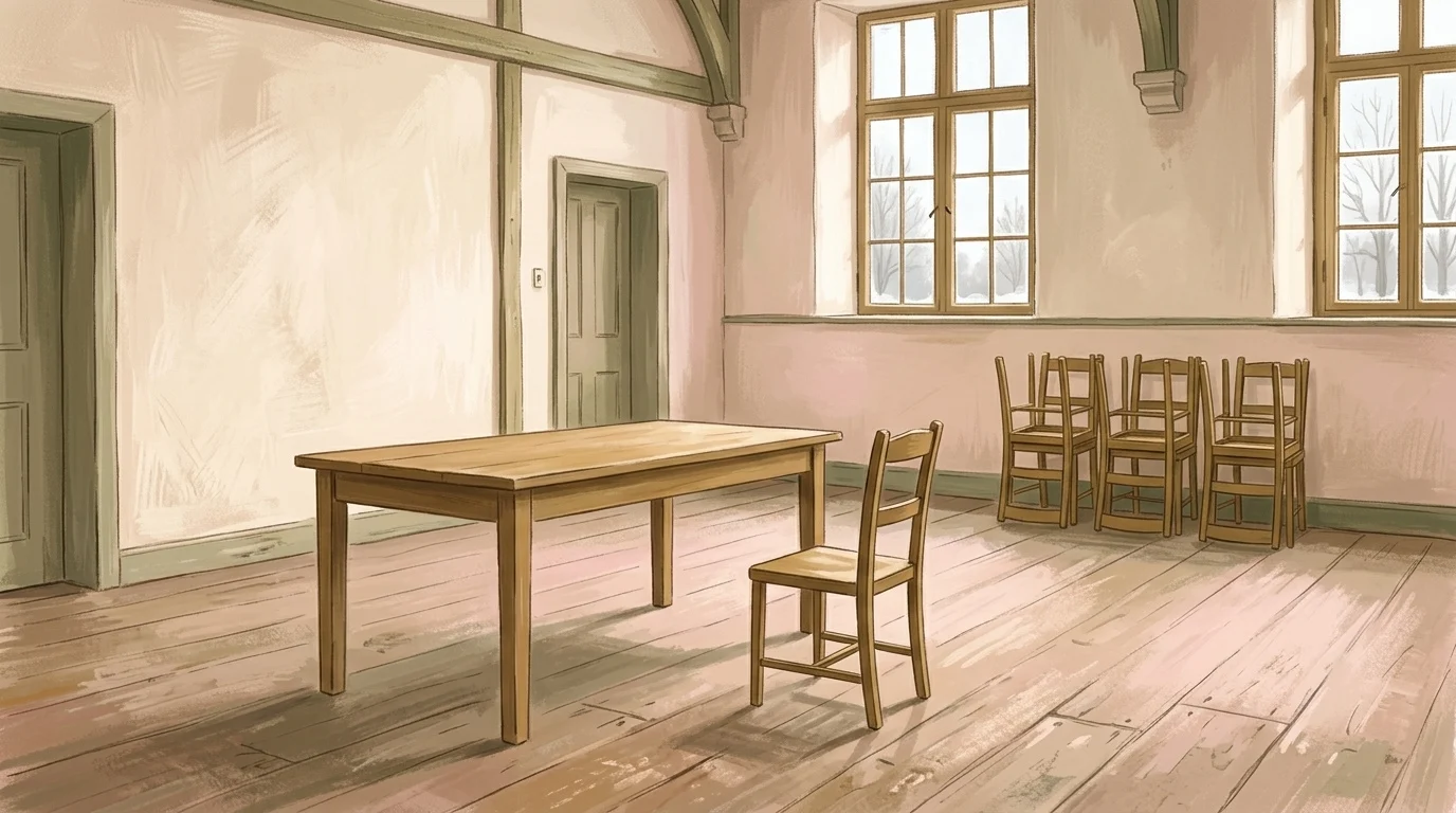 Surpasseth all understanding — four upturned chairs stacked against the wall of an empty parish hall and one chair left standing by a plain table in flat winter daylight